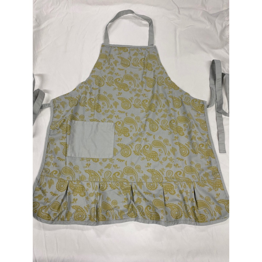 Pampered Chef Gray Yellow Paisley Ruffle Hem Bib Apron with Pocket shabby chic